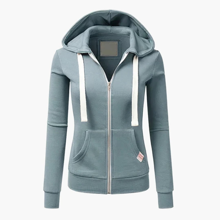Bekväm dam hoodie med dragkedja i mjuk bomull. Stilren svart huvtröja för kvinnor, perfekt för vardagsmode & lager på lager.
