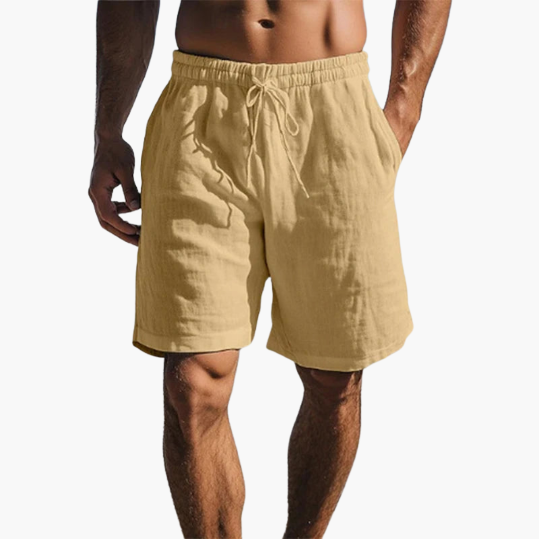 Detaljbild av herrbadshorts med synlig dragsko och en av sidofickorna för förvaring.