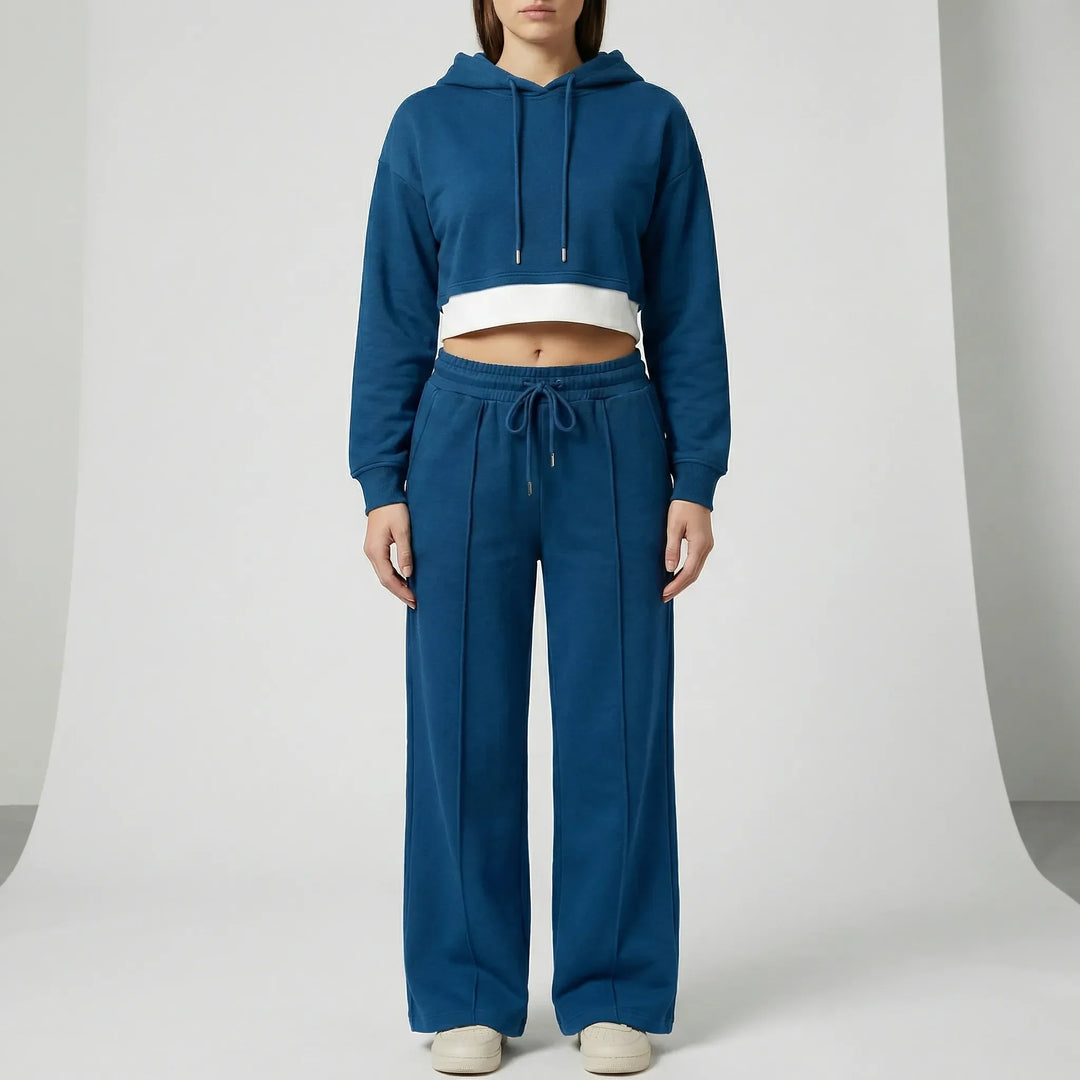 Mångsidigt tvådelat set för damer: bekväm hoodie & vida byxor. Idealisk vardagsoutfit för både hemma & resor.