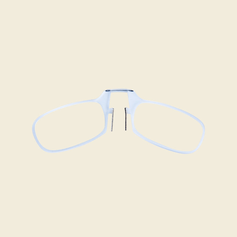 Benlösa näsklämma läsglasögon i minimalistisk design med svart och vit färg, lätt och bekväm med silikon nässkydd.