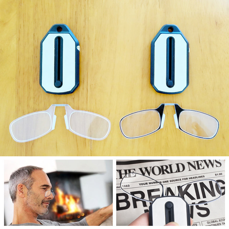 Benlösa näsklämma läsglasögon i minimalistisk design med svart och vit färg, lätt och bekväm med silikon nässkydd.