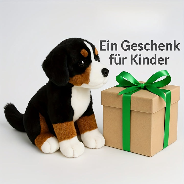 Sittande Berner Sennen mjuk hund i realistisk design, perfekt leksak för barn