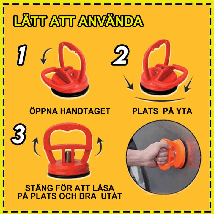 "Bilavdragare för dentreparation med sugkopp, enkel att använda, gul och svart design, lyfter upp till 10 kg."