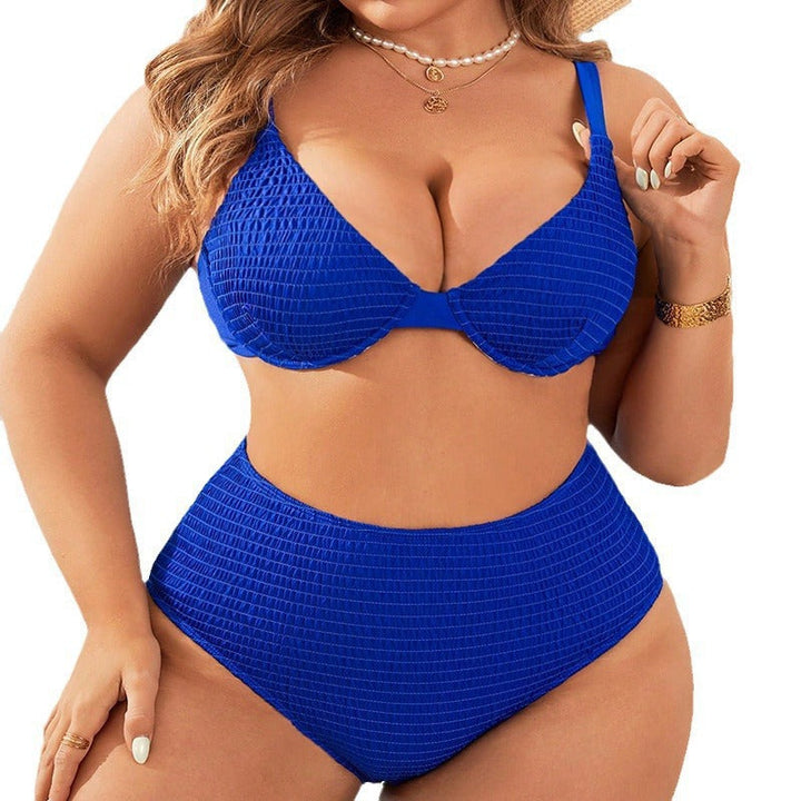 Högmidjad bikinitrosa och strukturerad blå överdel för damer, komplett strandmode set.
