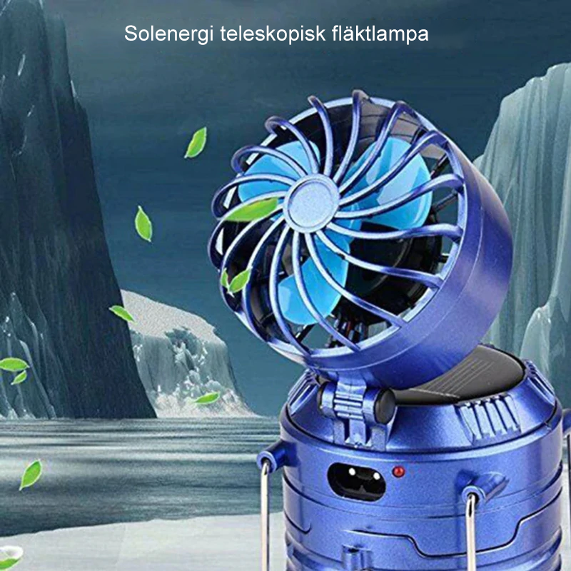 "Blå campinglykta med solurladdning och fläkt, kompakt design för utomhusbruk, högt placerad LED-belysning."