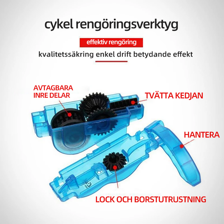 Blå cykelrengörare för kedja, justerbar, tar bort smuts snabbt med flera borstar, perfekt för cykelunderhåll.