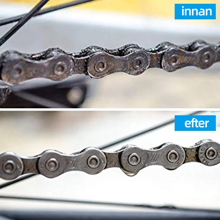 Blå cykelrengörare för kedja, justerbar, tar bort smuts snabbt med flera borstar, perfekt för cykelunderhåll.