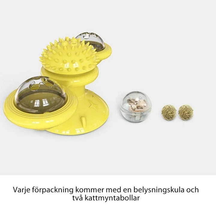 "Blå interaktiv väderkvarn kattleksak med genomskinliga behållare och gummiplexus i mitten på vit bakgrund."