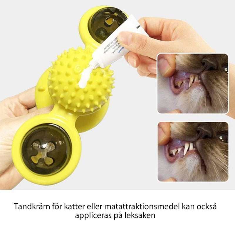 "Blå interaktiv väderkvarn kattleksak med genomskinliga behållare och gummiplexus i mitten på vit bakgrund."