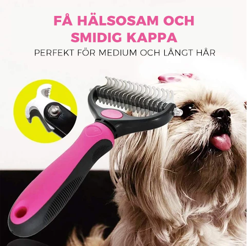 "Blå och rosa skötselborste för husdjur med rostfria stålblad, perfekt för katter och hundar med lång eller medelhårig päls."