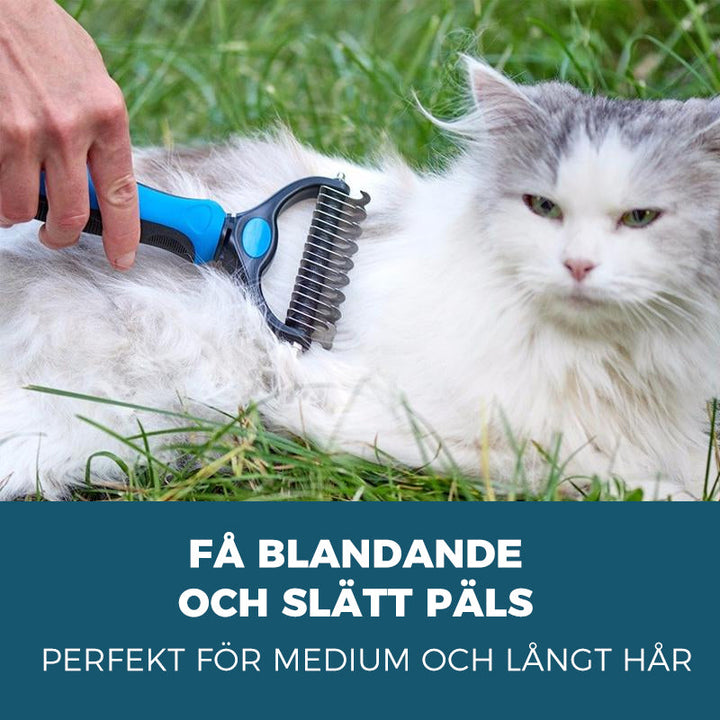 "Blå och rosa skötselborste för husdjur med rostfria stålblad, perfekt för katter och hundar med lång eller medelhårig päls."