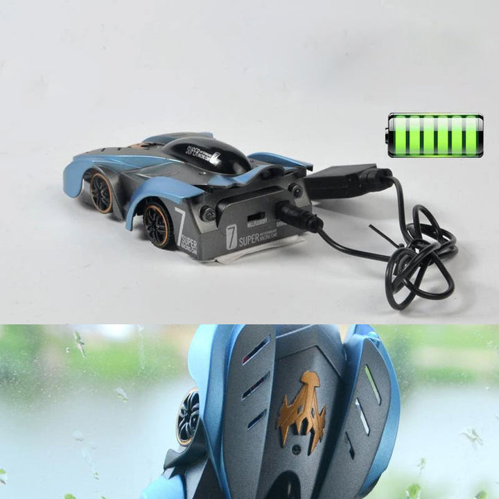 "Blå väggklättrande RC-stuntbil för barn, kör upp och ner, perfekt för äventyr på alla ytor med lång batteritid."