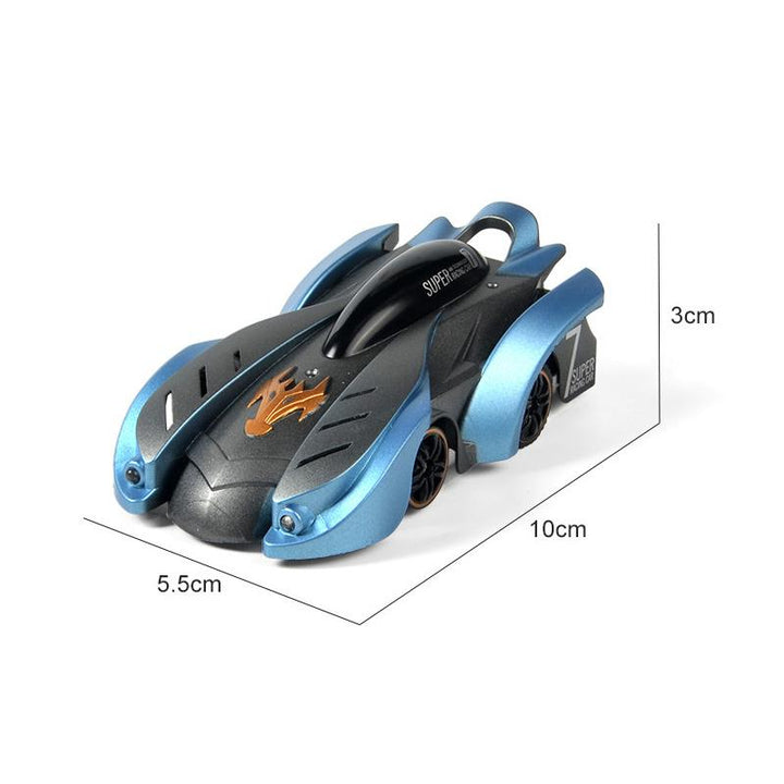 "Blå väggklättrande RC-stuntbil för barn, kör upp och ner, perfekt för äventyr på alla ytor med lång batteritid."
