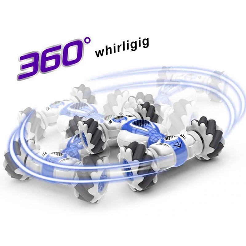 "Blågrön gestsensor bil med 360-grader stuntrotation, perfekt leksak för barn, innovativ och spännande design."