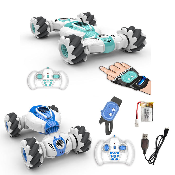 "Blågrön gestsensor bil med 360-grader stuntrotation, perfekt leksak för barn, innovativ och spännande design."