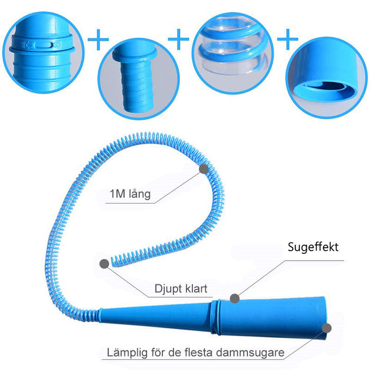 "Blått dammsugarmunstycke med flexibel 1-meters slang och suginställningar för rengöring av trånga och svåråtkomliga utrymmen