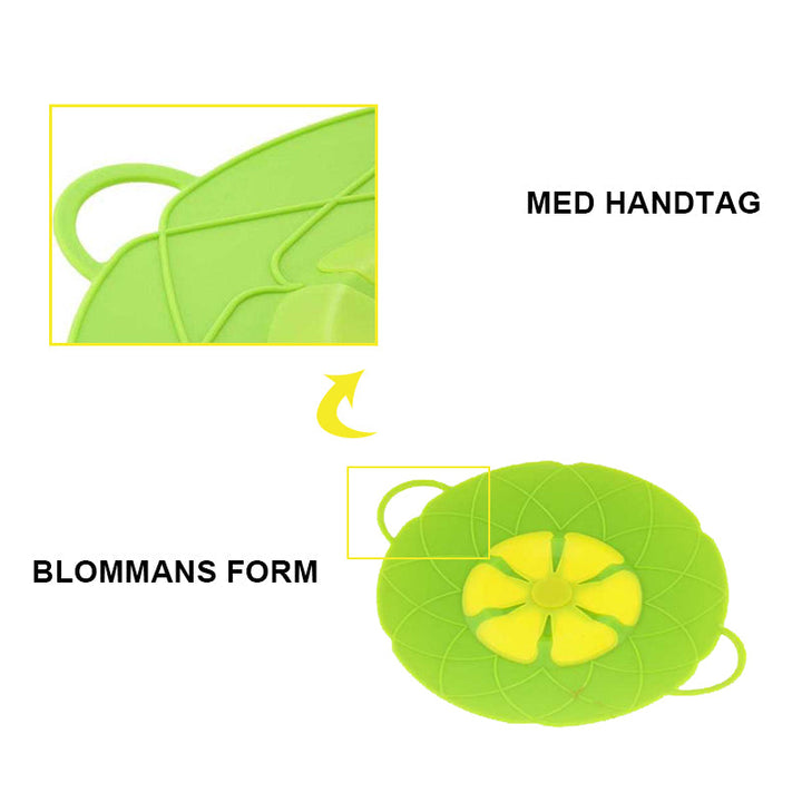 "Blomformad silikon spillstopp lock, värmetåligt och färgglatt, på gryta; förhindrar överkok och håller köket rent."
