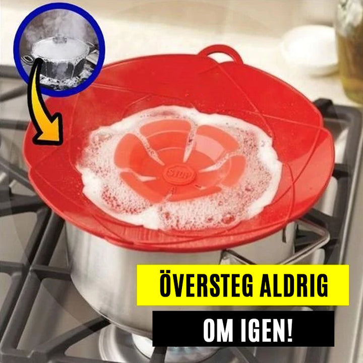 "Blomformad silikon spillstopp lock, värmetåligt och färgglatt, på gryta; förhindrar överkok och håller köket rent."