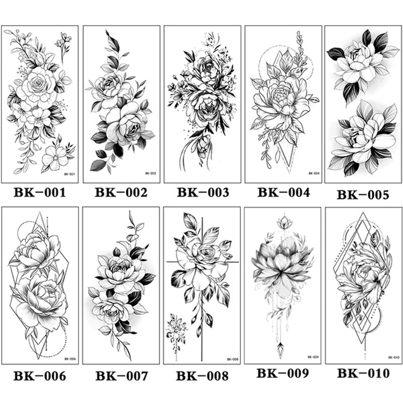 "Blommiga tillfälliga tatueringsklistermärken för kvinnor, rosa pion och andra blommor på huden, eleganta och unika."