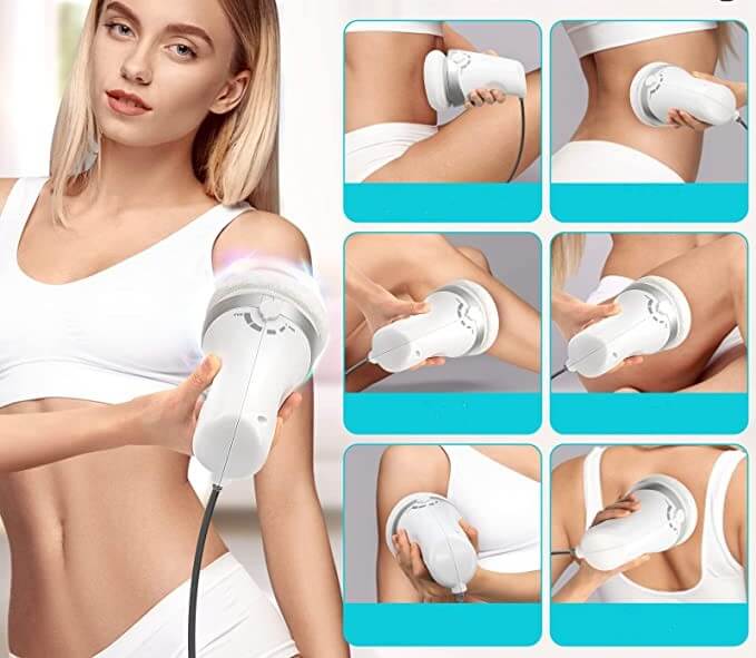 Detaljbild av BodySculptor massageapparat med olika huvuden för effektiv kroppsvård.