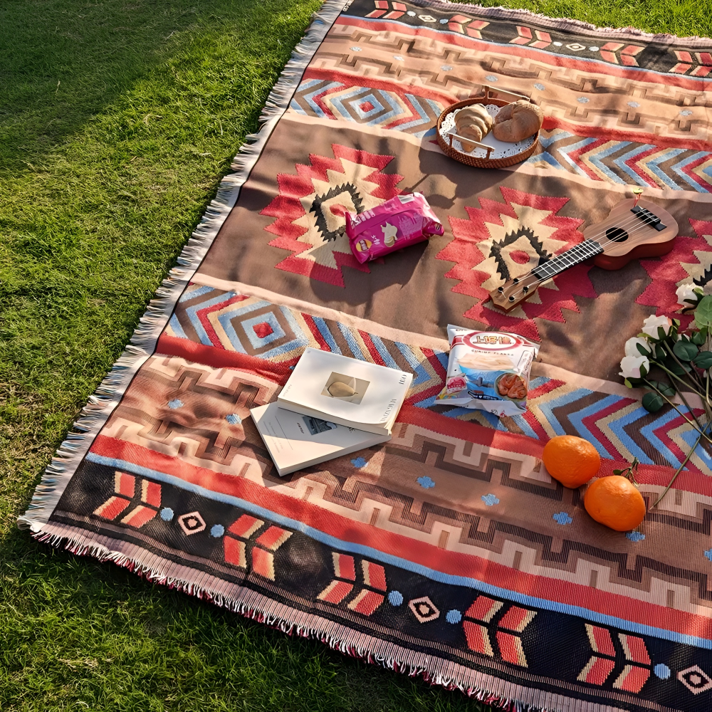 Rutig bohemisk picknickfilt, stor och tålig. Passar utmärkt för trädgård och uteliv.