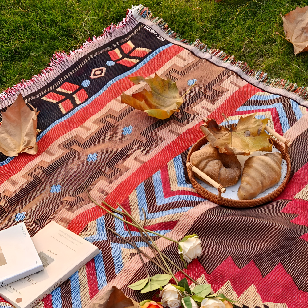 Mångsidig strandfilt och picknickfilt i bohemisk design. Perfekt för soliga dagar och camping.