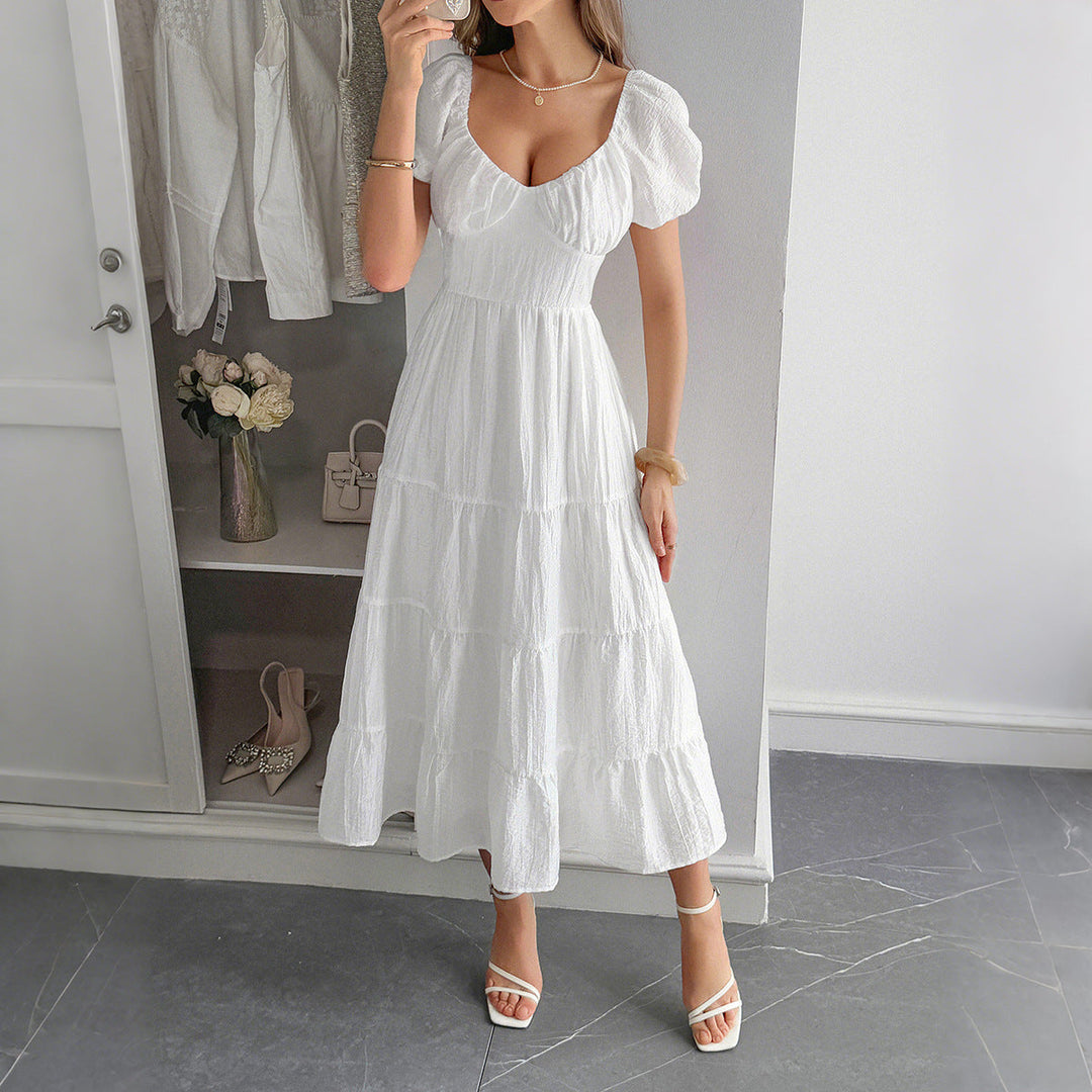 Boho maxiklänning för dam med puffärmar. Justerbar V-hals långklänning i bomull, perfekt som sommar- & festklänning.