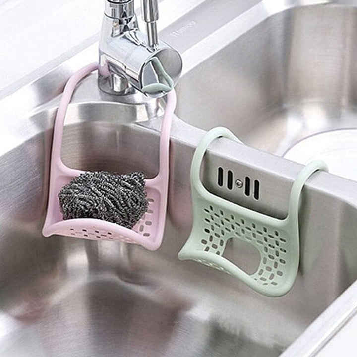 Böjd hängväska för köksdiskbänk i blå, grön, rosa med dräneringshål, idealisk för svampar och tvålar, praktisk och hygienisk