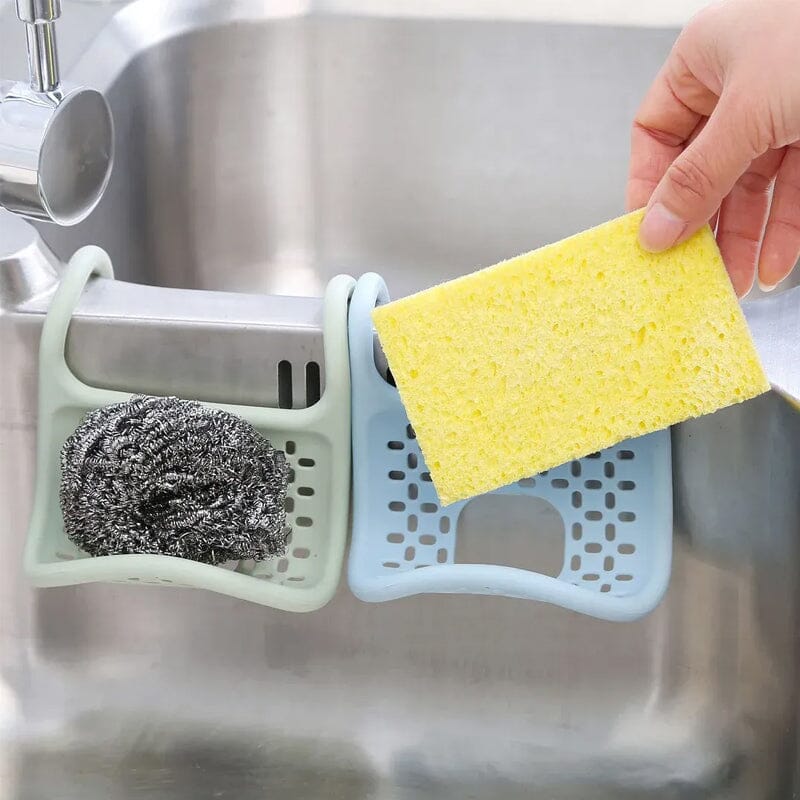 Böjd hängväska för köksdiskbänk i blå, grön, rosa med dräneringshål, idealisk för svampar och tvålar, praktisk och hygienisk