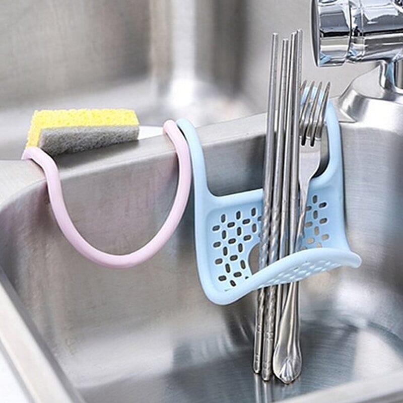 Böjd hängväska för köksdiskbänk i blå, grön, rosa med dräneringshål, idealisk för svampar och tvålar, praktisk och hygienisk