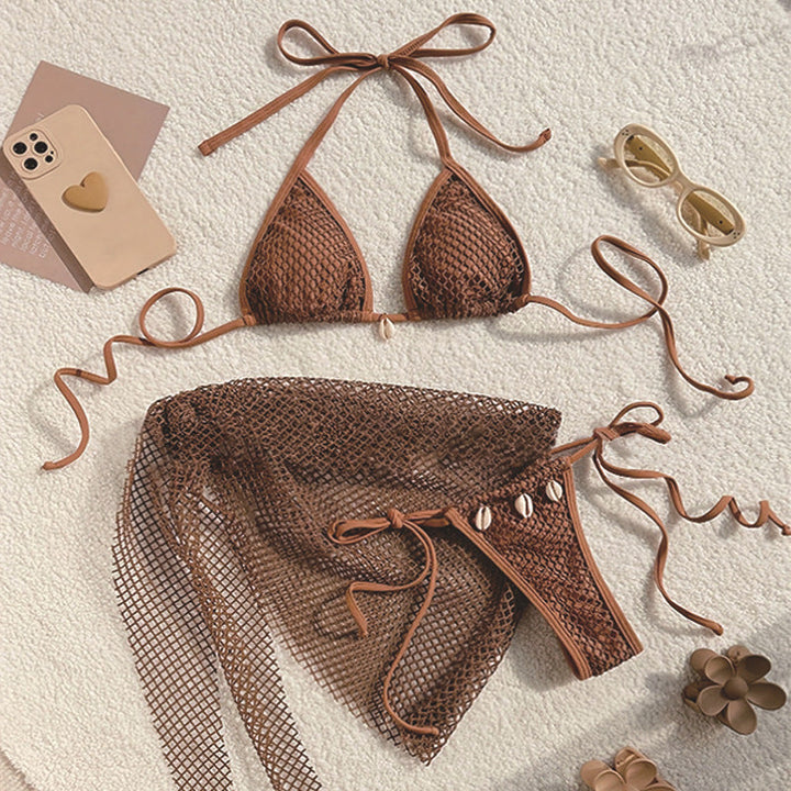 Lyxigt brun dam bikini-set med nätöverdrag och justerbara remmar för en elegant strandlook.