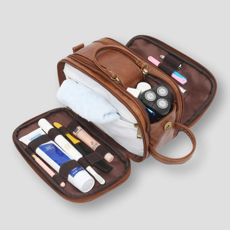 Hängande resenecessär i svart, organiserar effektivt hygienartiklar och sparar plats i badrummet/hotellet.