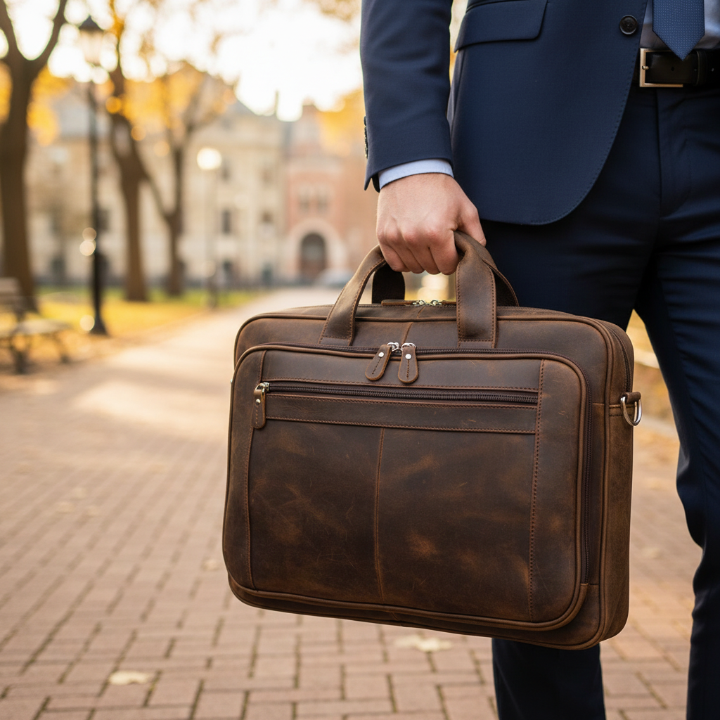 Brun läder datorväska, professionell aktówka för bärbar dator, arbete och affärsresor. Rymlig och stilren.
