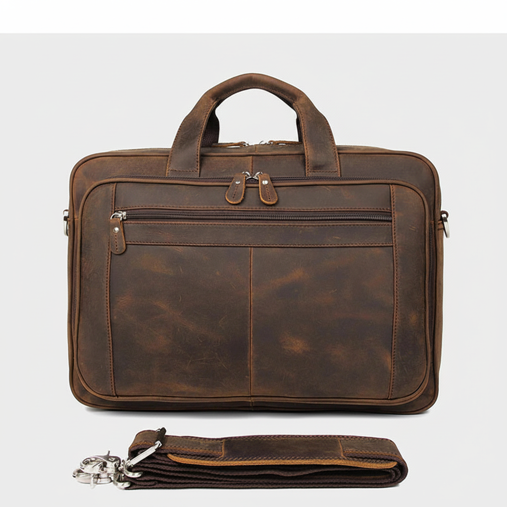 Elegant axelremsväska i vintage läderstil. Rymlig portfölj för professionellt bruk, perfekt för arbete och resor.