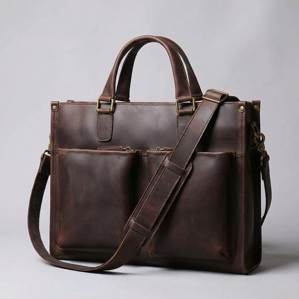 Klassisk brun vintage laptopväska i läder, unisex. Mångsidig för jobb, studier & pendling.