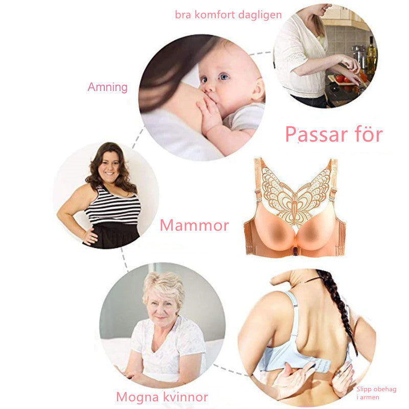 Bygelfri dambh med fjärilsdekor, push-up, bekväm passform, finns i flera färger, sömlös komfort och justerbara band.