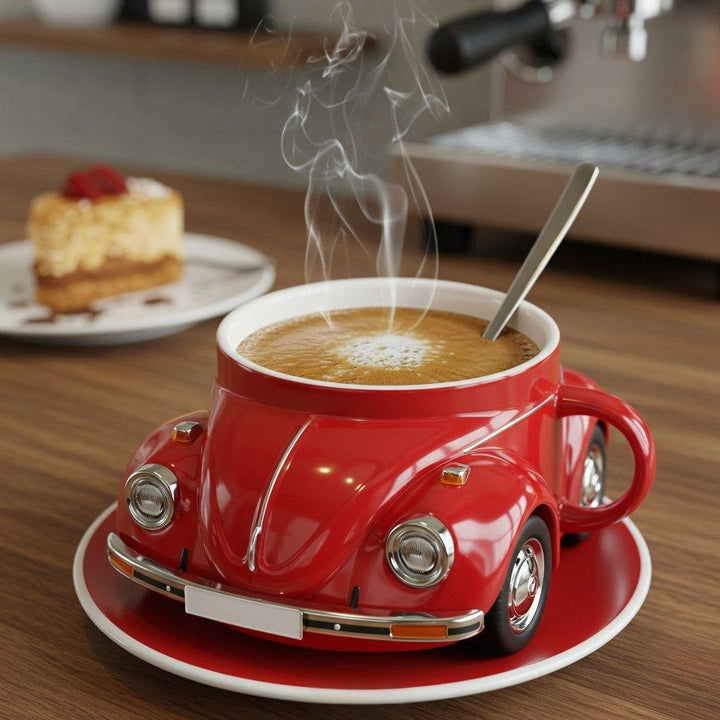Röd BeetleBrew keramisk kaffemugg fylld med kaffe på träbord