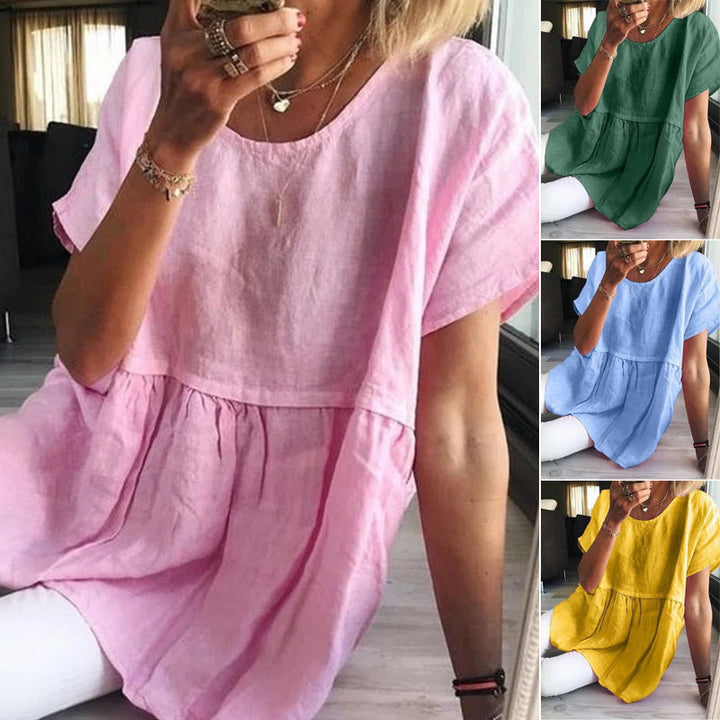 "Casual dam T-shirt i bomull och linne med korta ärmar, tillgänglig i olika färger och storlekar, enfärgad design."