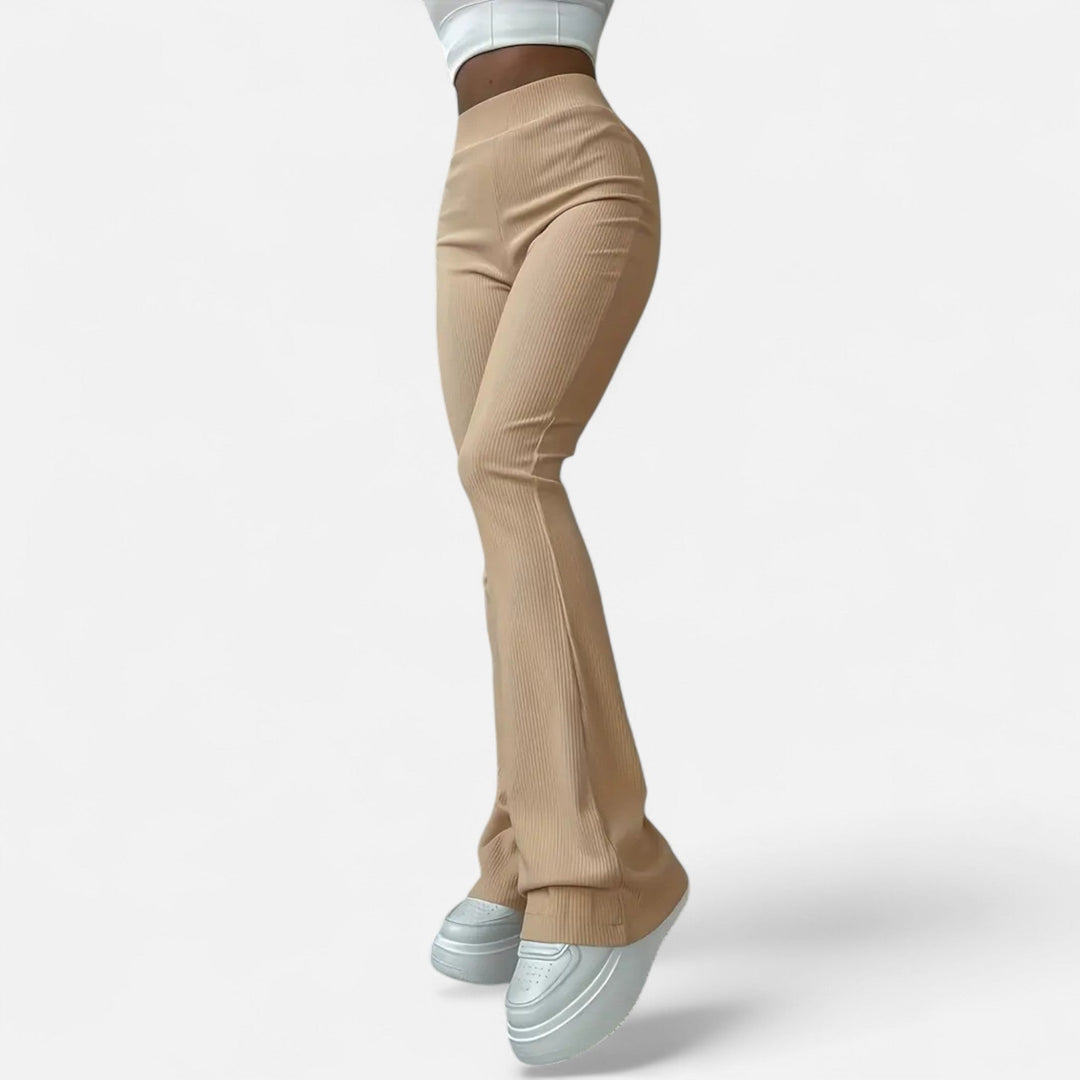 Damens beige högmidjade ribbade slim leggings med vit topp