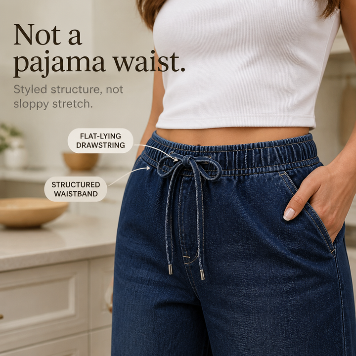 Närbild på knapp och gylf på mörkblå damkläder jeans