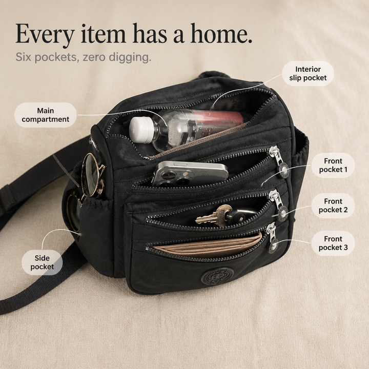Blå crossbody-väska för dam med justerbar rem och dragkedja framtill