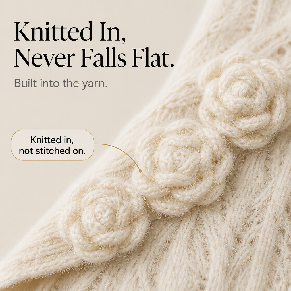 Beige stickad cardigan med blommig krage och lång passform för dam