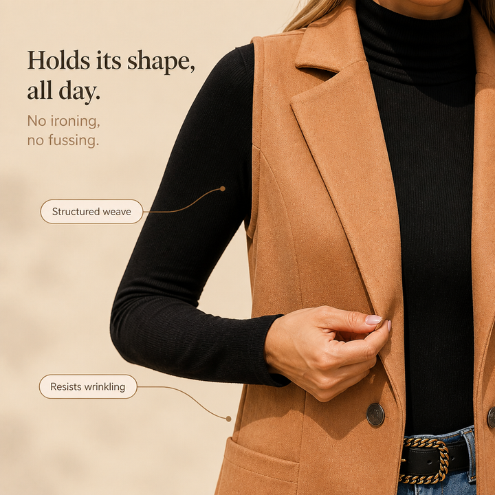 Elegant lång damväst i khaki med dubbelknäppning och slag, perfekt för höstmode.