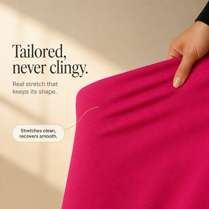 Detaljbild på tyg och sömnad av stretchiga och stilrena dambyxor