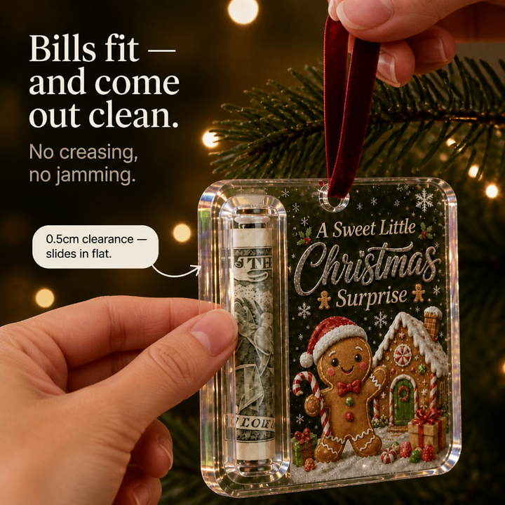 Akrylkula för julgran med synlig sedel som rolig julklappsidé