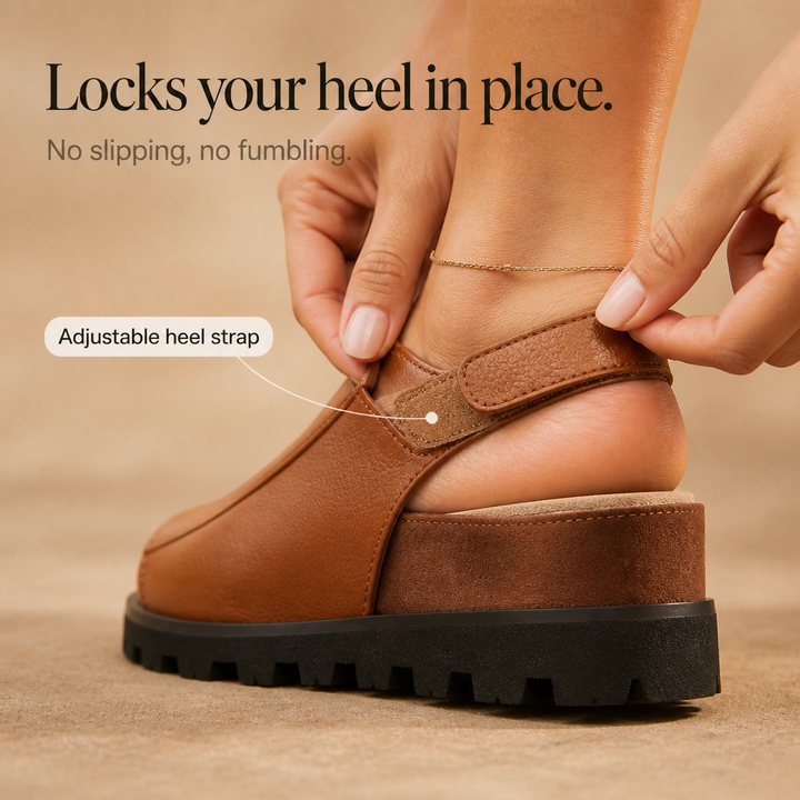 Närbild på den flexibla sulan och det mjuka stödet på bruna slingbacks