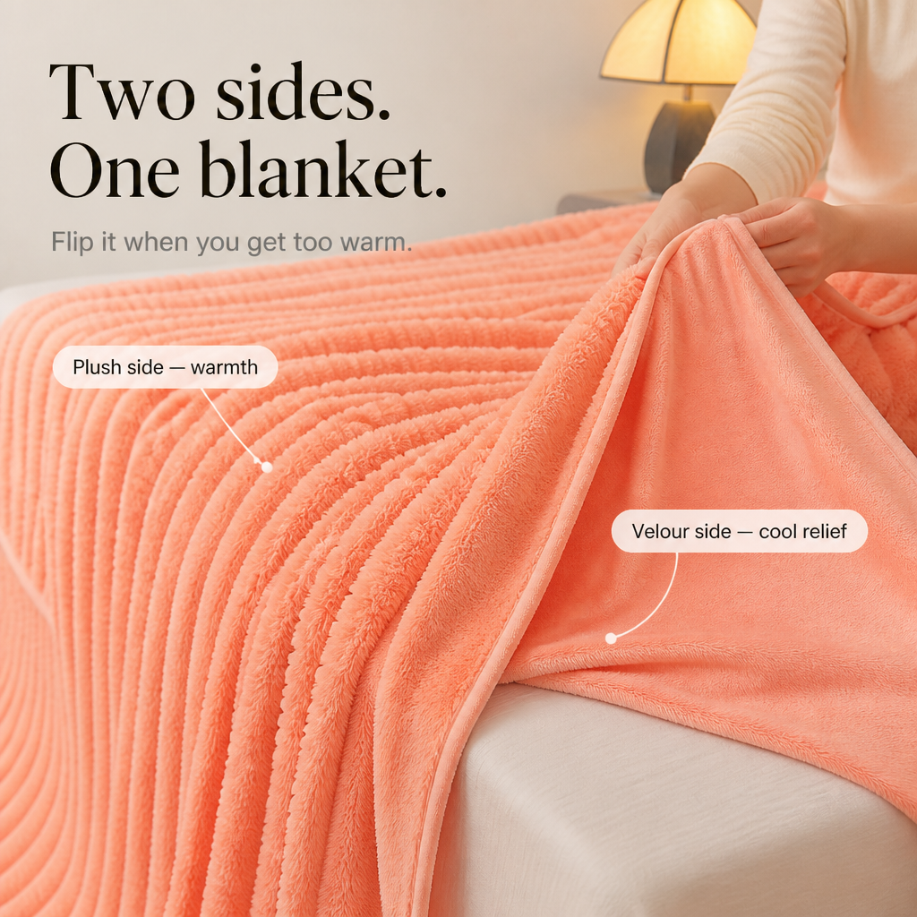 Närbild på den exklusiva och lena textilen hos vändbar pläd