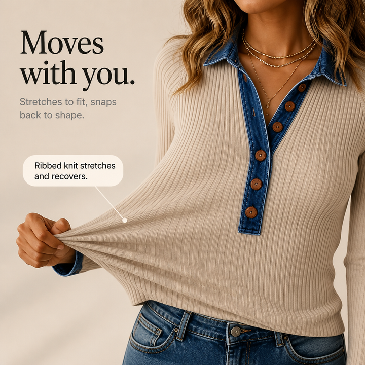 Höstmode damtröja i denimstil med dekorativa knappar