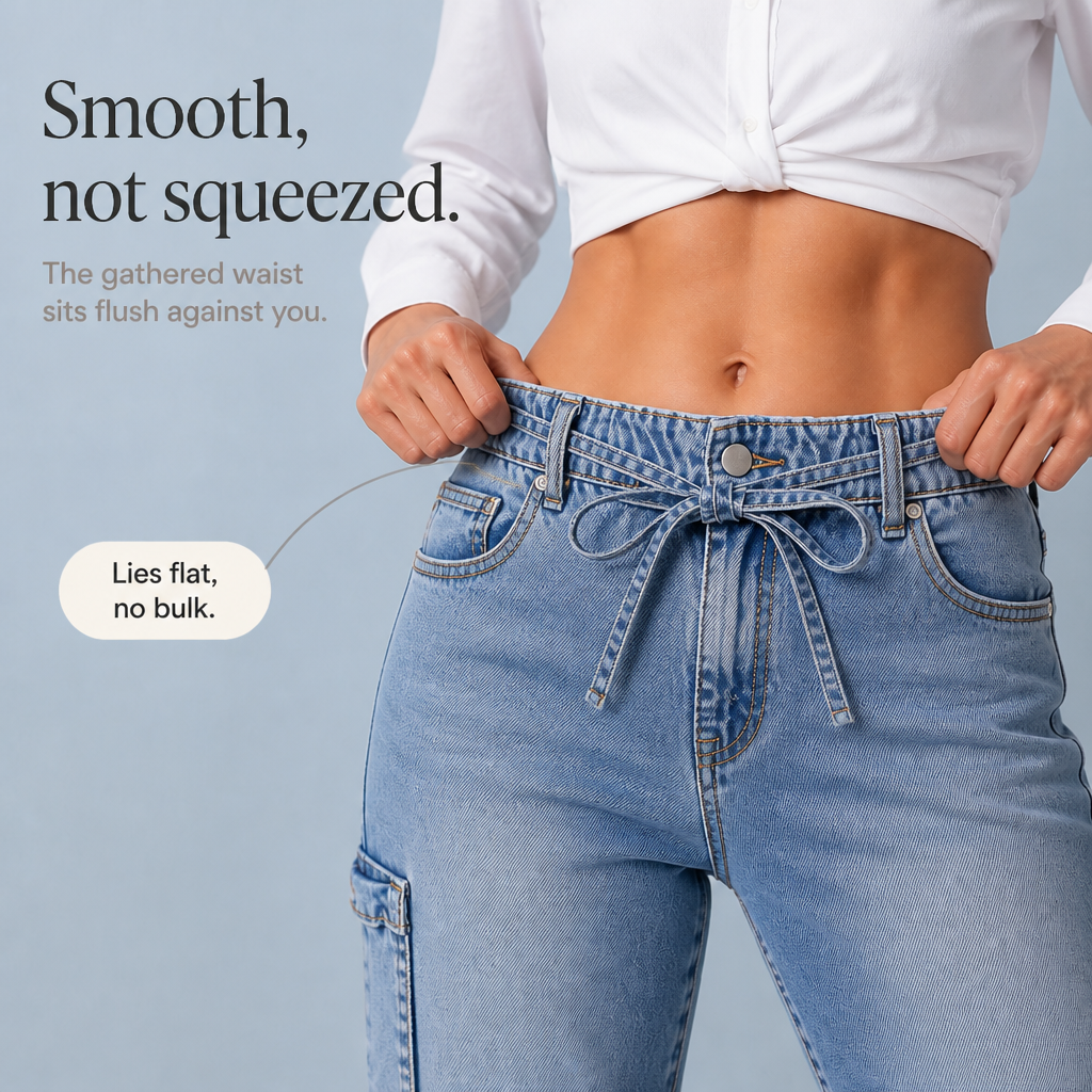Modell som bär blå 7/8-långa damjeans med elastisk midja