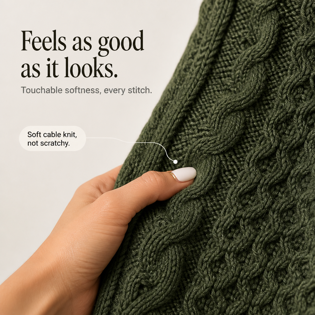 Elegant stickad tröja och poncho för damer med strukturstickade detaljer.